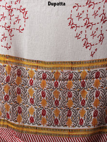White Yellow Red Hand Block Printed Cotton Suit-Salwar Fabric With Chiffon Dupatta - S1628063