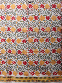 White Yellow Red Hand Block Printed Cotton Suit-Salwar Fabric With Chiffon Dupatta - S1628063