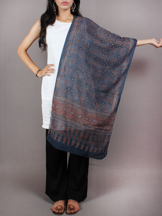 Indigo Maroon Black Mughal Nakashi Ajrakh Hand Block Printed Cotton Stole - S6317041