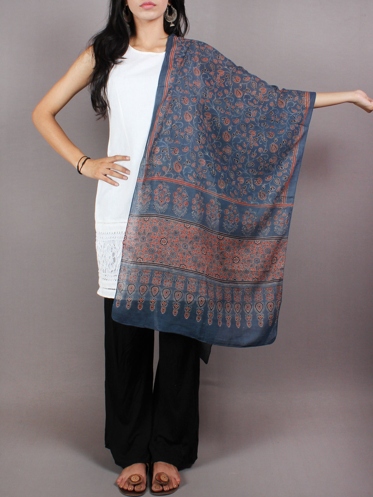 Indigo Red Black Mughal Nakashi Ajrakh Hand Block Printed Cotton Stole - S6317042
