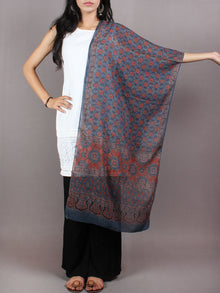 Blue Red Black Mughal Nakashi Ajrakh Hand Block Printed Cotton Stole - S6317043