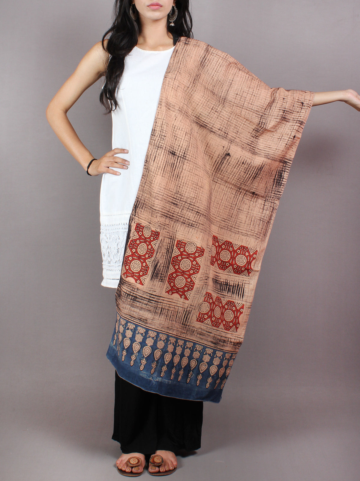 Salmon Pink Red Black Blue Mughal Nakashi Ajrakh Hand Block Printed Cotton Stole - S6317044