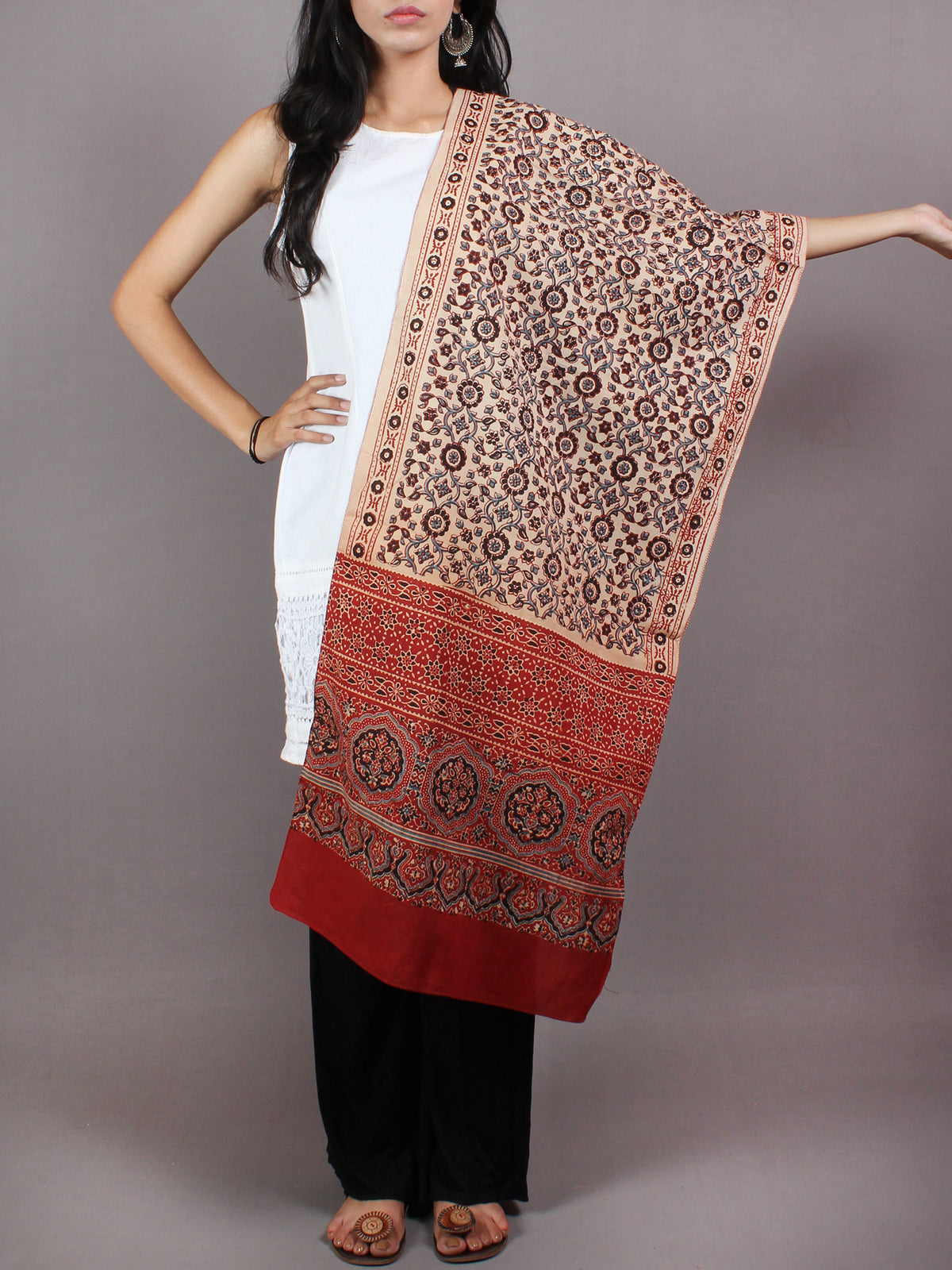 Salmon Pink Red Black Mughal Nakashi Ajrakh Hand Block Printed Cotton Stole - S6317046
