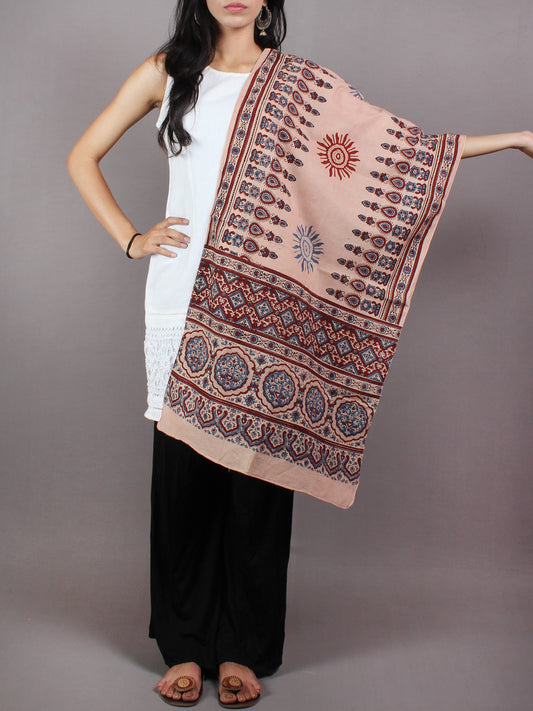 Peach Maroon Blue Mughal Nakashi Ajrakh Hand Block Printed Cotton Stole - S6317047