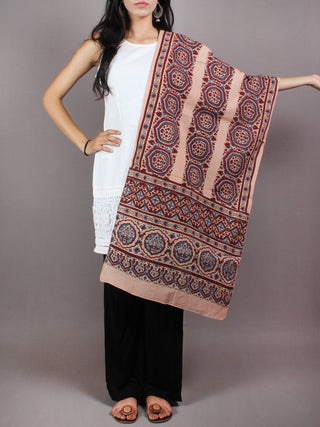 Peach Maroon Blue Mughal Nakashi Ajrakh Hand Block Printed Cotton Stole - S6317048
