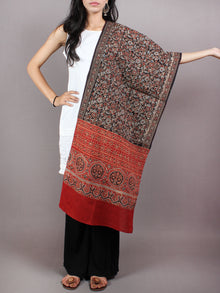 Black Red Blue Mughal Nakashi Ajrakh Hand Block Printed Cotton Stole - S6317049
