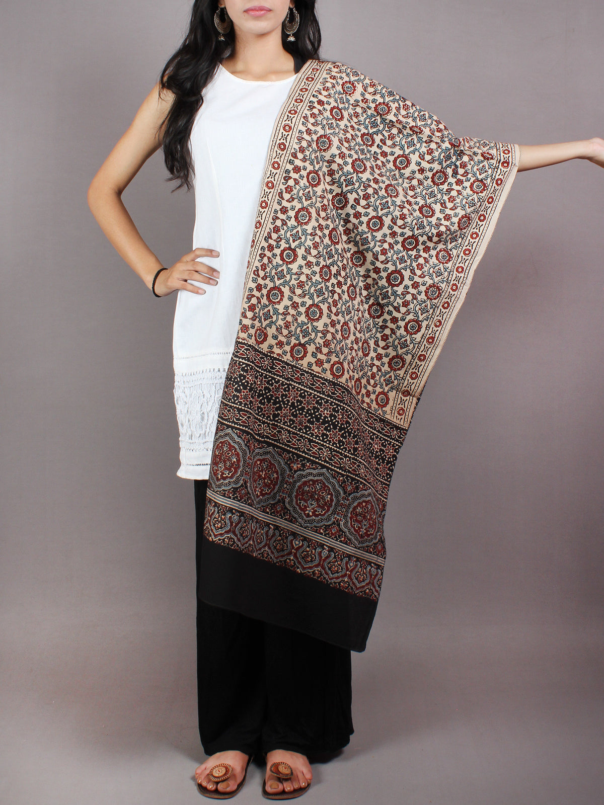 Beige Red Black Mughal Nakashi Ajrakh Hand Block Printed Cotton Stole - S6317050