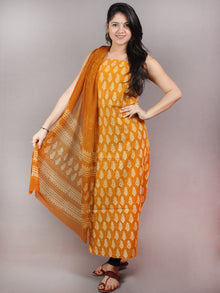GoldenRod Yellow Beige Hand Block Printed Cotton Suit-Salwar Fabric With Chiffon Dupatta - S1628064