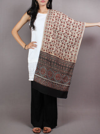 Beige Red Black Mughal Nakashi Ajrakh Hand Block Printed Cotton Stole - S6317051