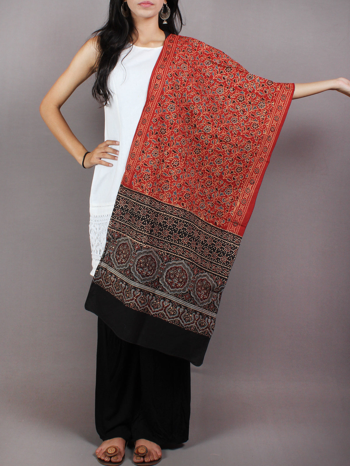 Red Black Mughal Nakashi Ajrakh Hand Block Printed Cotton Stole - S6317052