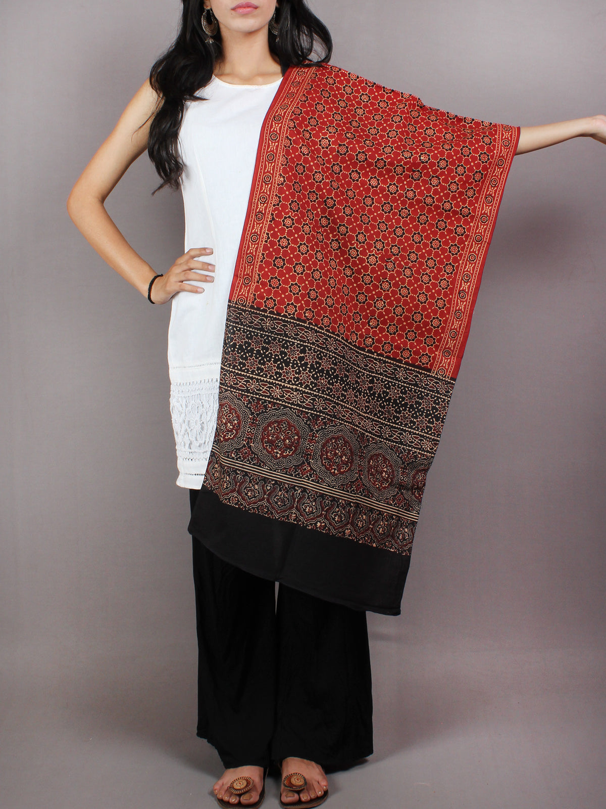 Maroon Black Beige Mughal Nakashi Ajrakh Hand Block Printed Cotton Stole - S6317054