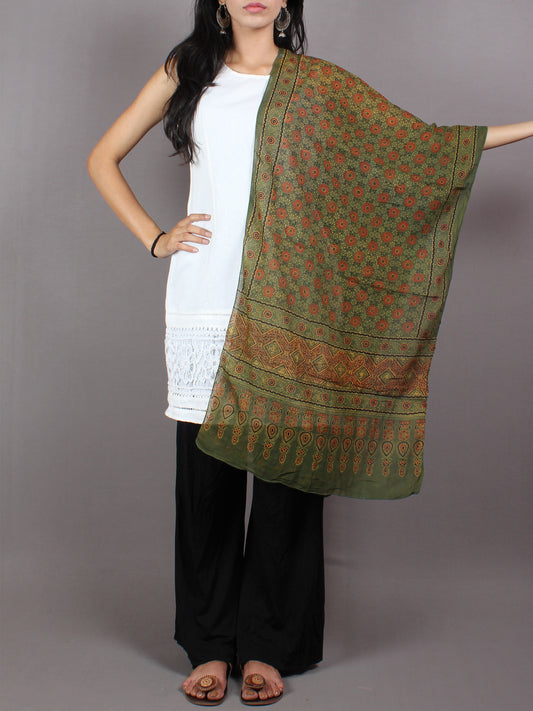Green Red Mughal Nakashi Ajrakh Hand Block Printed Cotton Stole - S6317056