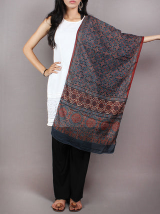 Blue Red Black Mughal Nakashi Ajrakh Hand Block Printed Cotton Stole - S6317057