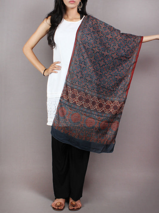 Blue Red Black Mughal Nakashi Ajrakh Hand Block Printed Cotton Stole - S6317057