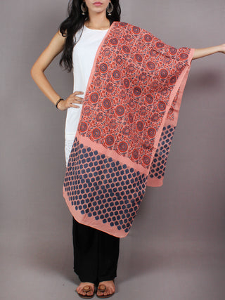 Salmon Pink Red Blue Black Mughal Nakashi Ajrakh Hand Block Printed Cotton Stole - S6317058