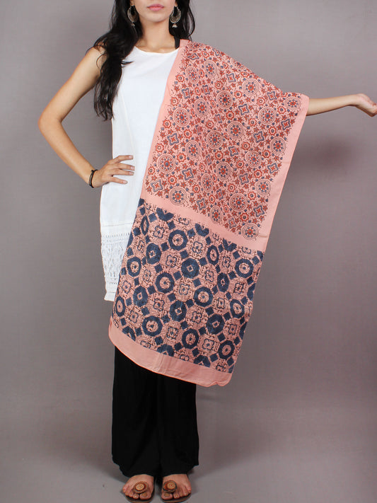 Salmon Pink Red Blue Mughal Nakashi Ajrakh Hand Block Printed Cotton Stole - S6317059