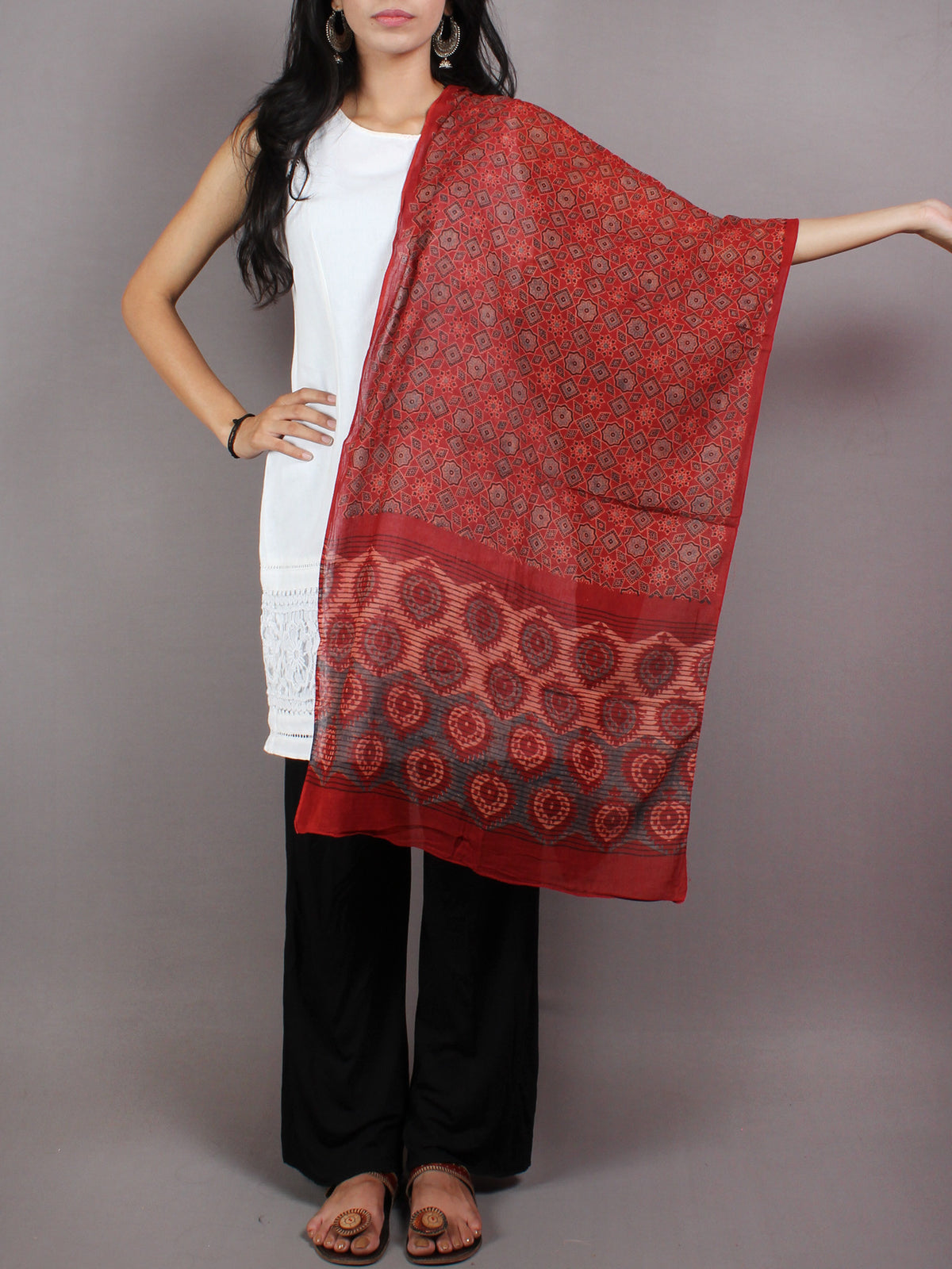 Red Black Beige Mughal Nakashi Ajrakh Hand Block Printed Cotton Stole - S6317060