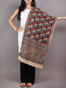 Beige Red Blue Mughal Nakashi Ajrakh Hand Block Printed Cotton Stole - S6317061