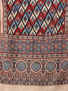 Beige Red Blue Mughal Nakashi Ajrakh Hand Block Printed Cotton Stole - S6317061