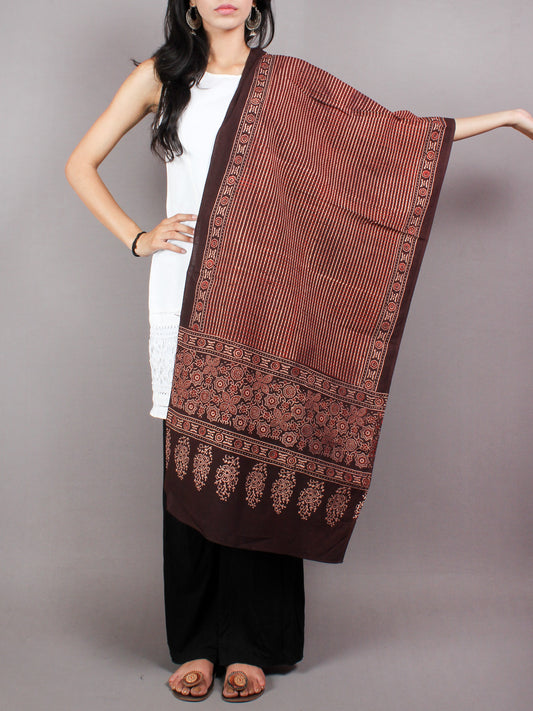Brown Beige Red Mughal Nakashi Ajrakh Hand Block Printed Cotton Stole - S6317063