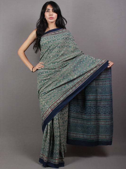 Indigo Green Maroon Mughal Nakashi Ajrakh Hand Block Printed in Natural Vegetable Colors Cotton Mul Saree - S03170608