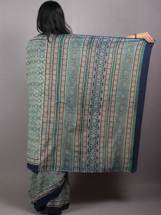Indigo Green Maroon Mughal Nakashi Ajrakh Hand Block Printed in Natural Vegetable Colors Cotton Mul Saree - S03170608