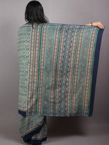 Indigo Green Maroon Mughal Nakashi Ajrakh Hand Block Printed in Natural Vegetable Colors Cotton Mul Saree - S03170608
