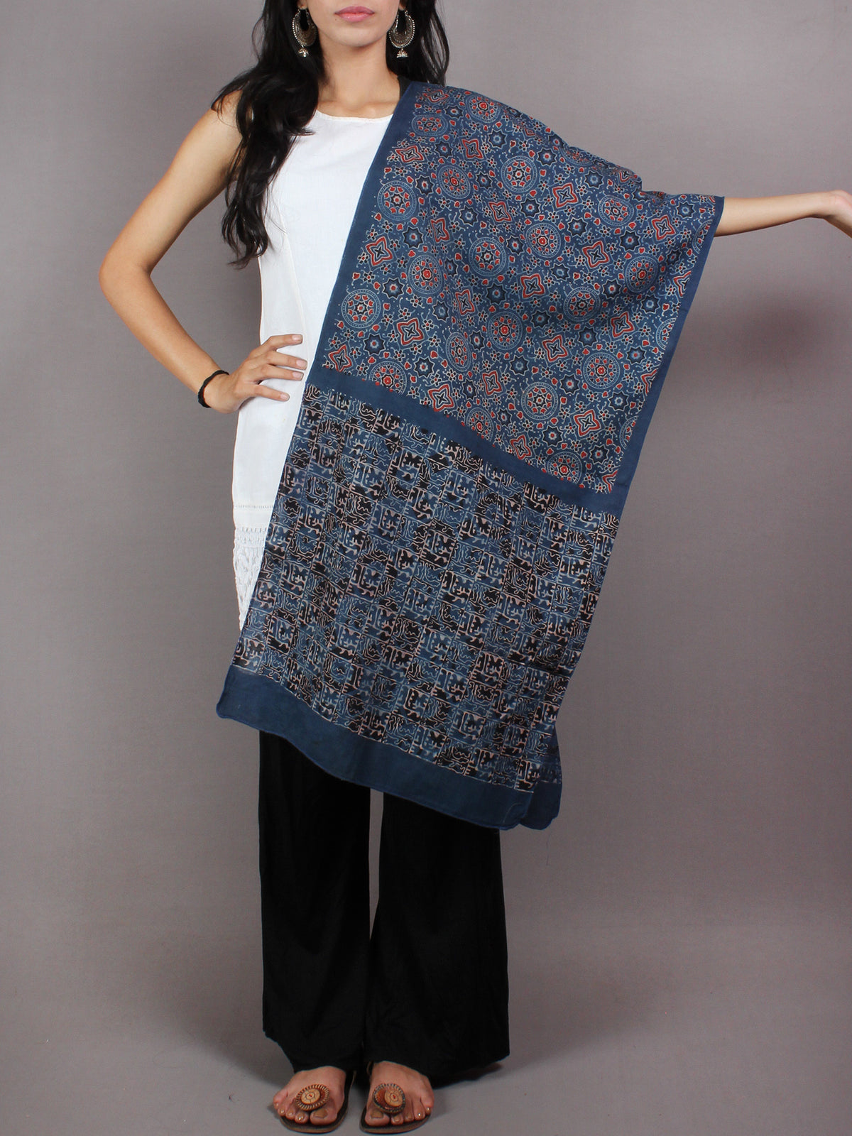 Indigo Red Black Mughal Nakashi Ajrakh Hand Block Printed Cotton Stole - S6317064