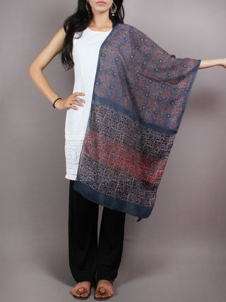 Indigo Red Black Mughal Nakashi Ajrakh Hand Block Printed Cotton Stole - S6317065