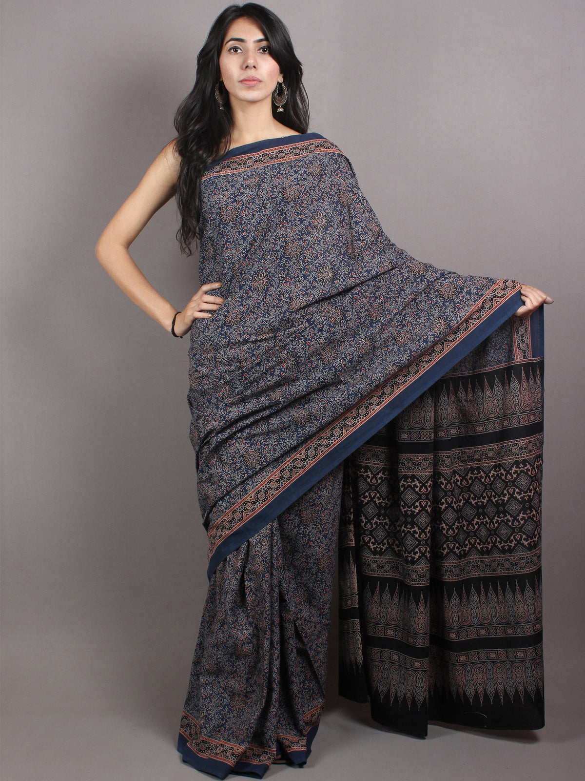 Indigo Black Maroon Mughal Nakashi Ajrakh Hand Block Printed in Natural Vegetable Colors Cotton Mul Saree - S03170654