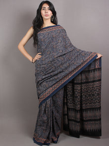 Indigo Black Maroon Mughal Nakashi Ajrakh Hand Block Printed in Natural Vegetable Colors Cotton Mul Saree - S03170654