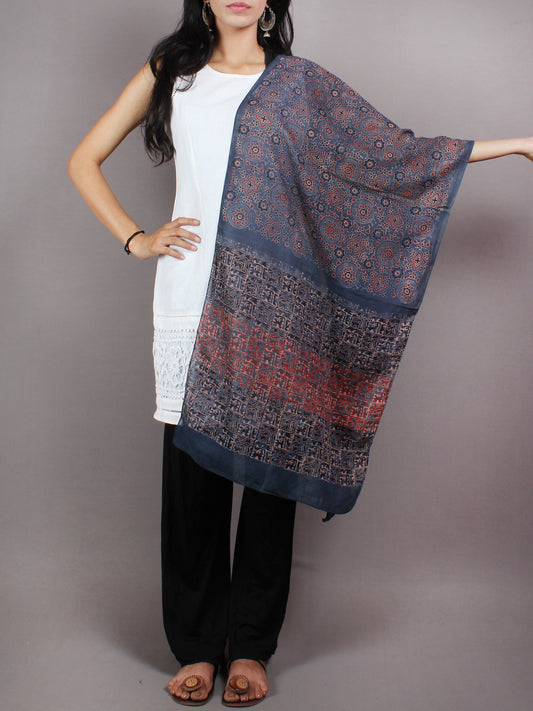 Indigo Red Black Mughal Nakashi Ajrakh Hand Block Printed Cotton Stole - S6317065
