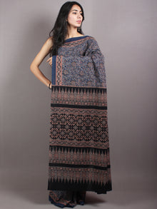Indigo Black Maroon Mughal Nakashi Ajrakh Hand Block Printed in Natural Vegetable Colors Cotton Mul Saree - S03170654