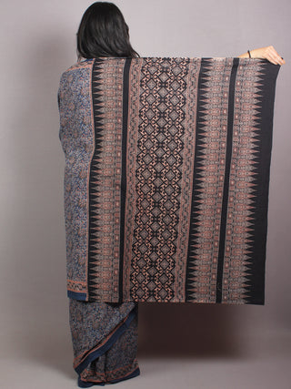 Indigo Black Maroon Mughal Nakashi Ajrakh Hand Block Printed in Natural Vegetable Colors Cotton Mul Saree - S03170654