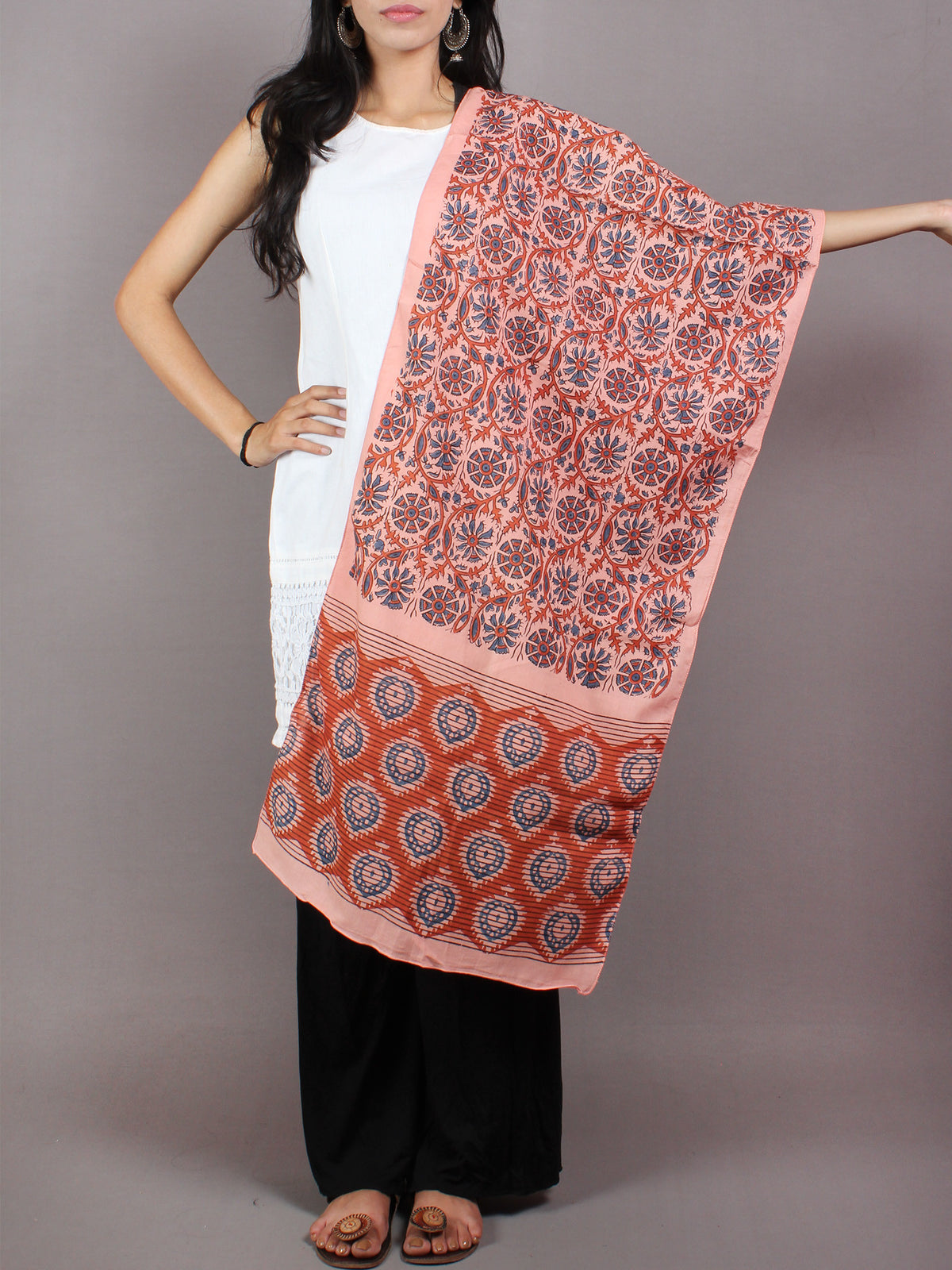 Peach Red Blue Mughal Nakashi Ajrakh Hand Block Printed Cotton Stole - S6317066