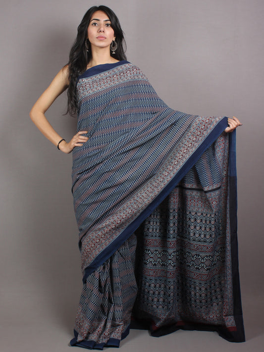 Indigo Beige Maroon Mughal Nakashi Ajrakh Hand Block Printed in Natural Vegetable Colors Cotton Mul Saree - S03170655