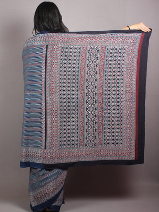 Indigo Beige Maroon Mughal Nakashi Ajrakh Hand Block Printed in Natural Vegetable Colors Cotton Mul Saree - S03170655