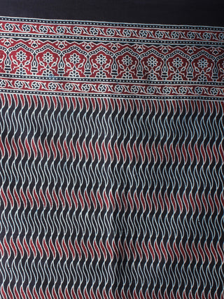 Indigo Beige Maroon Mughal Nakashi Ajrakh Hand Block Printed in Natural Vegetable Colors Cotton Mul Saree - S03170655