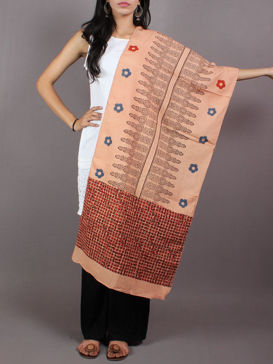 Beige Black Red Mughal Nakashi Ajrakh Hand Block Printed Cotton Stole - S6317067