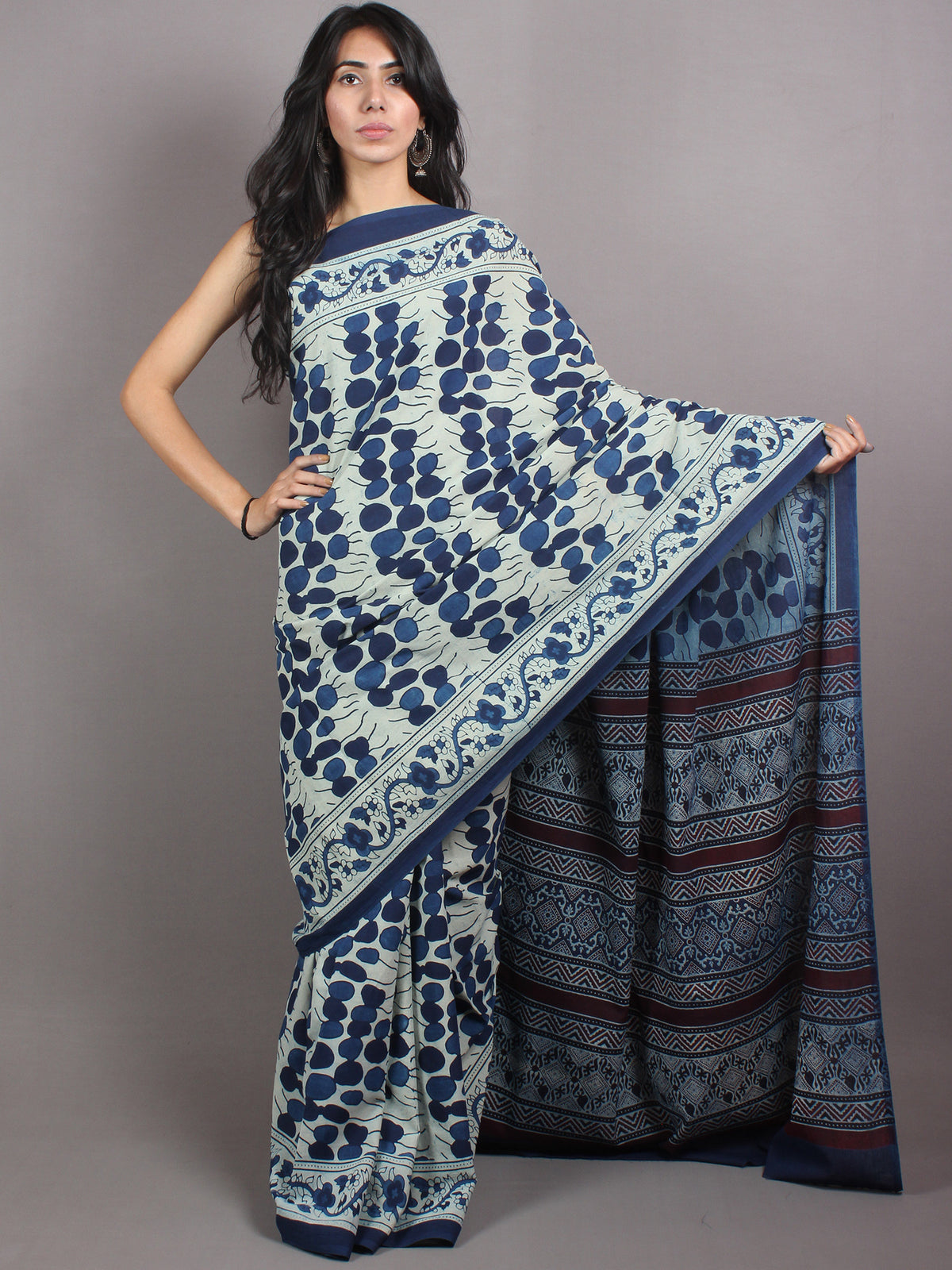 Indigo White Maroon Mughal Nakashi Ajrakh Hand Block Printed in Natural Vegetable Colors Cotton Mul Saree - S03170656