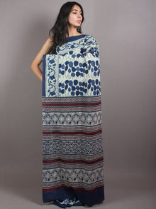 Indigo White Maroon Mughal Nakashi Ajrakh Hand Block Printed in Natural Vegetable Colors Cotton Mul Saree - S03170656