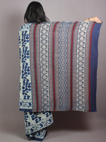 Indigo White Maroon Mughal Nakashi Ajrakh Hand Block Printed in Natural Vegetable Colors Cotton Mul Saree - S03170656
