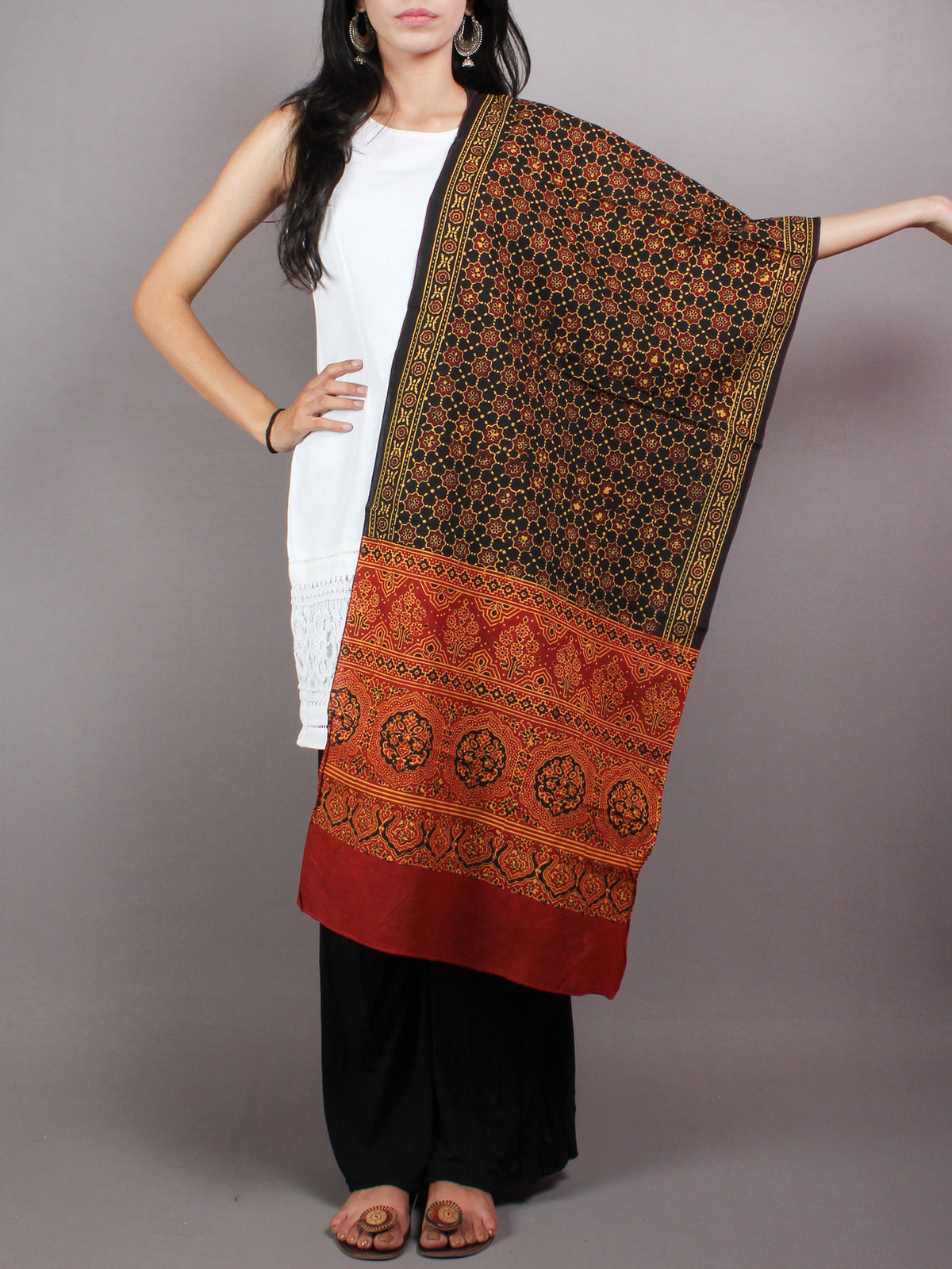 Black Red Yellow Mughal Nakashi Ajrakh Hand Block Printed Cotton Stole - S6317068