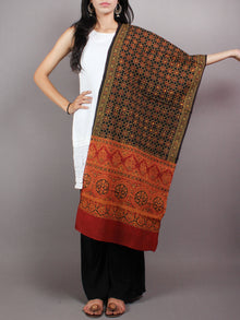 Black Red Yellow Mughal Nakashi Ajrakh Hand Block Printed Cotton Stole - S6317068