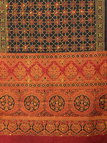 Black Red Yellow Mughal Nakashi Ajrakh Hand Block Printed Cotton Stole - S6317068
