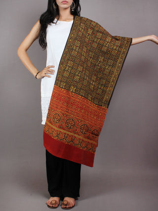 Black Red Maroon Yellow Mughal Nakashi Ajrakh Hand Block Printed Cotton Stole - S6317069