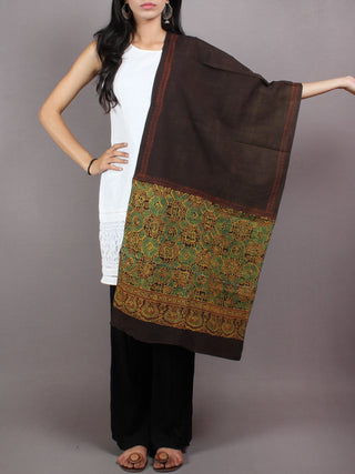 Brown Green Yellow Mughal Nakashi Ajrakh Hand Block Printed Cotton Stole - S6317070