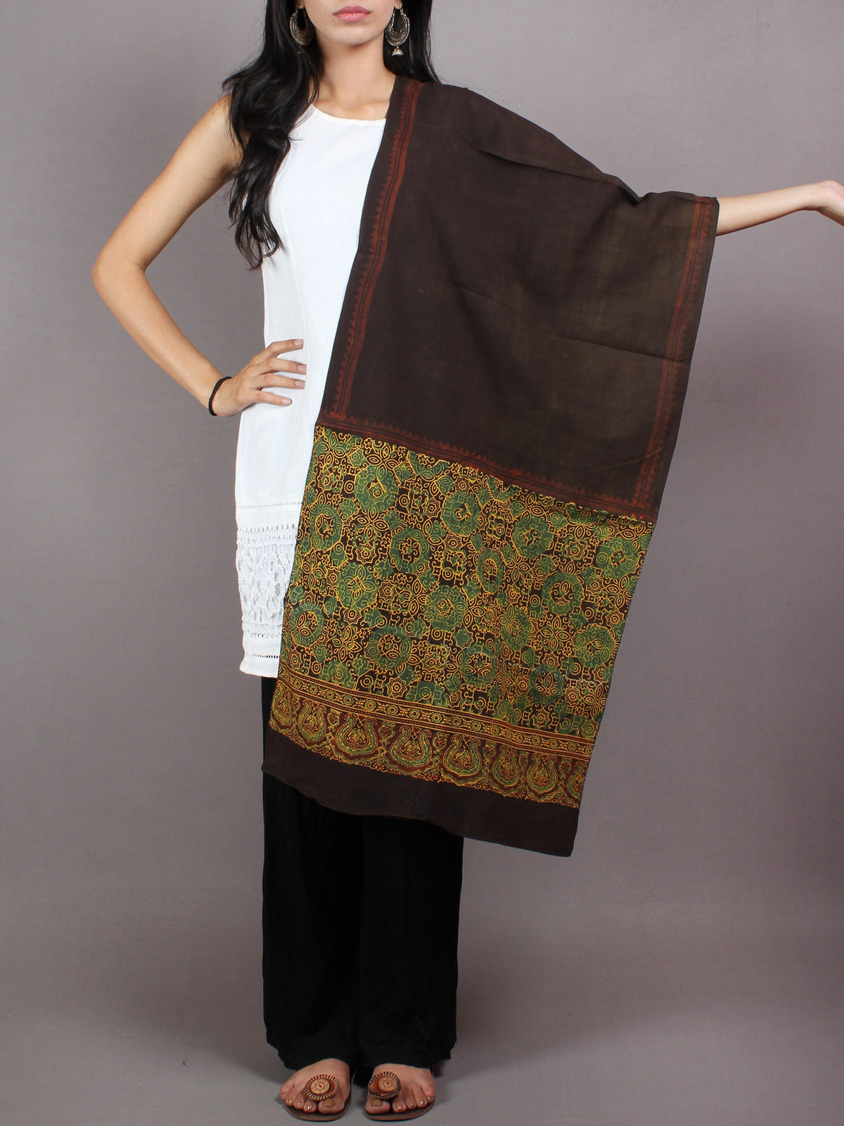 Brown Green Yellow Mughal Nakashi Ajrakh Hand Block Printed Cotton Stole - S6317070