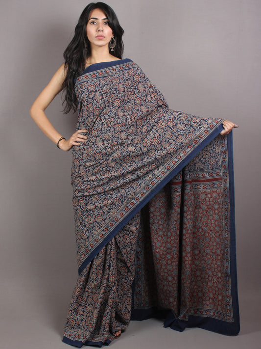 Indigo Beige Maroon Mughal Nakashi Ajrakh Hand Block Printed in Natural Vegetable Colors Cotton Mul Saree - S03170659