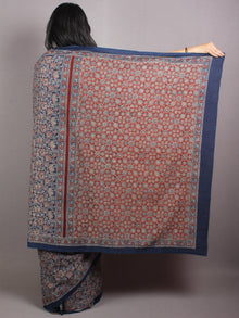 Indigo Beige Maroon Mughal Nakashi Ajrakh Hand Block Printed in Natural Vegetable Colors Cotton Mul Saree - S03170659